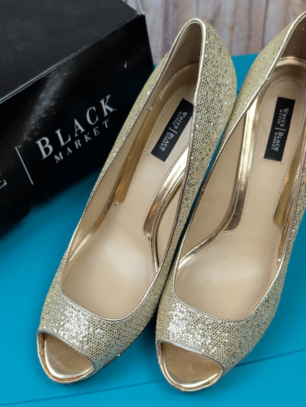 White House Black Market Women's Gold Glitter Peep-Toe Heels 10